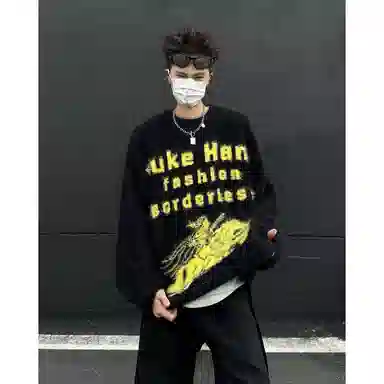 布客行 斯巴达勇士提花字母仿水貂绒毛衣美式高街宽松复古慵懒风休闲百搭海马毛痞帅嘻哈舒适防风防寒打底衫长袖圆领套头针织衫 男女同款