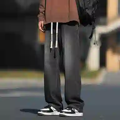 布客行  显高直筒潮裤潮牌美式高街松紧腰抽绳复古水洗渐变做旧休闲宽松直流百搭垂感柔软舒适长裤牛仔裤 男女同款