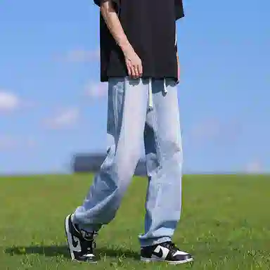 【腊肠小狗刺绣打底衫牛仔裤一套】布客行 美式潮牌圆领长袖条纹百搭港风卫衣抽绳水洗复古做旧阔腿通勤长裤休闲运动套装 男女同款