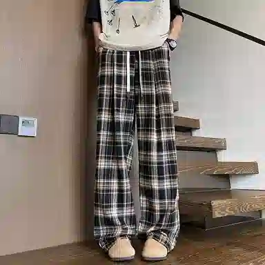 【抽绳格子回潮可穿230斤】布客行 美式复古港风嘻哈高街运动时尚百搭日常出街垂感慵懒宽松舒适华棉直筒青少年长裤休闲裤 男女同款