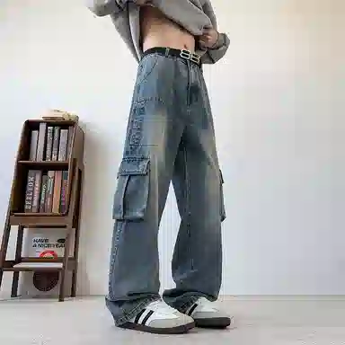 布客行 免搭配一套港风连帽开衫条纹格子高街休闲宽松衬衣外套美式复古直筒抽绳松紧腰微喇基础款柔软牛仔裤衬衫套装 男女同款