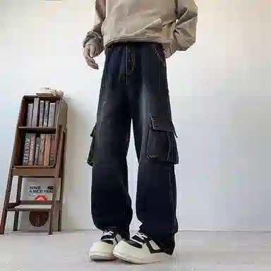 布客行 免搭配一套港风连帽开衫条纹格子高街休闲宽松衬衣外套美式复古直筒抽绳松紧腰微喇基础款柔软牛仔裤衬衫套装 男女同款