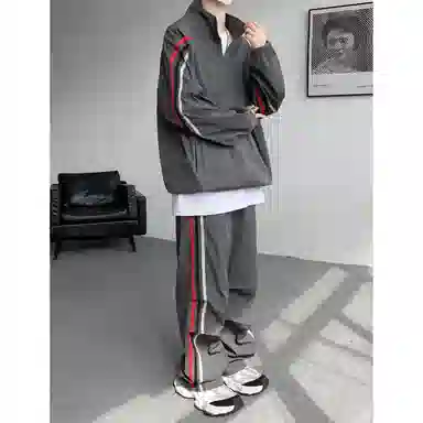 【美式高街三条杠免搭配一套】布客行 明线条纹拼接撞色复古港风舒适百搭日常户外防风防泼水开衫外套长裤子垂感休闲运动套装 男女同款