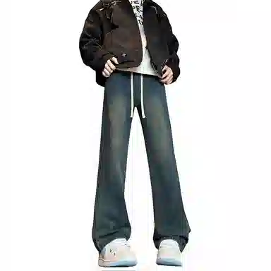 【巴黎柳叶弯刀裤】布客行 美式复古水洗直筒基础款高街舒适亲肤透气休闲百搭微喇纯色长裤显高显瘦显腿长弹力抽绳松紧腰牛仔裤 男女同款