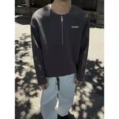 【高街半开领华夫格】布客行 拉链领口长袖内搭美式复古亲肤柔顺港风垂感宽松大码日系慵懒风纯色小众百搭学院风可外穿通勤卫衣 男女同款