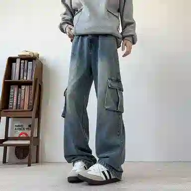 布客行 免搭配一套港风连帽开衫条纹格子高街休闲宽松衬衣外套美式复古直筒抽绳松紧腰微喇基础款柔软牛仔裤衬衫套装 男女同款