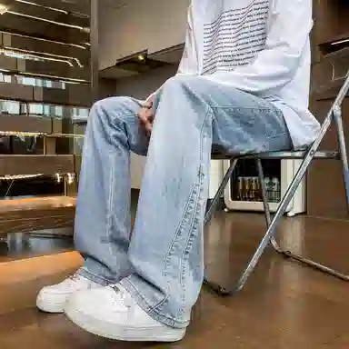 布客行 弹力微喇水洗美式复古港风简约纯色宽松高街垂感休闲百搭长裤子牛仔裤 男女同款