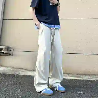 【显高显瘦伞兵裤】布客行 港风纯色褶皱设计感抽绳系带松紧腰长裤子学院风宽松大码直筒阔腿美式复古高街百搭柔软显腿长休闲裤 男女同款