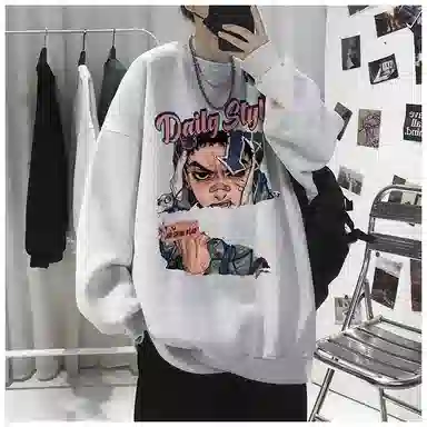 布客行 免搭配一套美式复古卡通字母印花重磅套头落肩袖上衣百搭水洗黑色显高显瘦弯刀微喇巴黎柳叶直筒牛仔长裤子休闲卫衣套装 男女同款