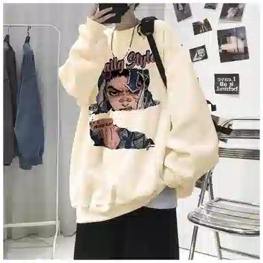 布客行 免搭配一套美式复古卡通字母印花重磅套头落肩袖上衣百搭水洗黑色显高显瘦弯刀微喇巴黎柳叶直筒牛仔长裤子休闲卫衣套装 男女同款