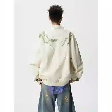 【万针刺绣立体花卉两面穿夹克牛仔裤一套】布客行 翻领拉链美式潮牌长袖外套抽绳港风宽松阔腿水洗做旧长裤休闲运动套装 男女同款