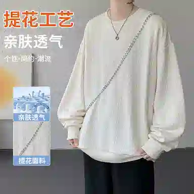 【提花压印大码200斤可穿】布客行 慵懒风纯色圆领套头落肩长袖上衣港风宽松休闲百搭基础款可拆卸刺绣胸标春秋美式复古卫衣 男女同款