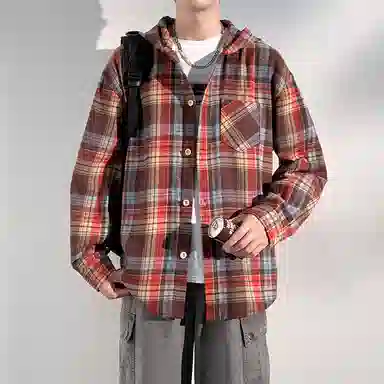 【免搭配一套】布客行 连帽开衫格子学院风高街单排扣休闲宽松衬衣外套美式复古直筒抽绳松紧腰微喇基础款柔软牛仔裤衬衫套装 男女同款