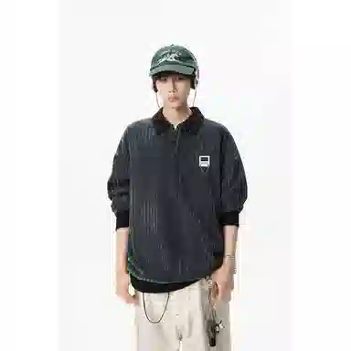 【明线撞色条纹早秋长袖】布客行 可拆卸别针美式复古高街轻奢老钱港风重磅慵懒垂感翻领落肩拼接宽松休闲舒适内搭外穿华棉卫衣 男女同款