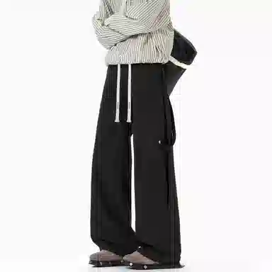 【抽绳松紧腰】布客行 拼接绑带复古高街潮牌弯刀阔腿工装直筒裤纯色百搭系带垂感长裤子宽松舒适高级慵懒长休闲裤 男女同款