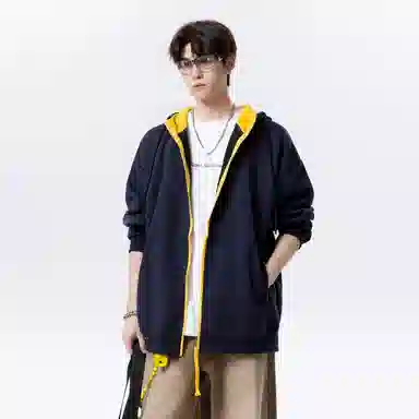 【拼色连帽开衫牛仔裤一套】布客行 撞色拉链高街休闲风大码宽松落肩保暖运动外套抽绳松紧腰水洗做旧港风简约百搭长裤卫衣套装 男女同款