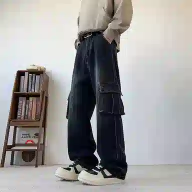 布客行 免搭配一套港风连帽开衫条纹格子高街休闲宽松衬衣外套美式复古直筒抽绳松紧腰微喇基础款柔软牛仔裤衬衫套装 男女同款