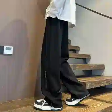 【华棉重磅直筒可束脚卫裤】布客行 显高显瘦港风设计感拉链抽绳系带松紧腰长裤子宽松大码美式复古高街百搭柔软显腿长休闲裤 男女同款