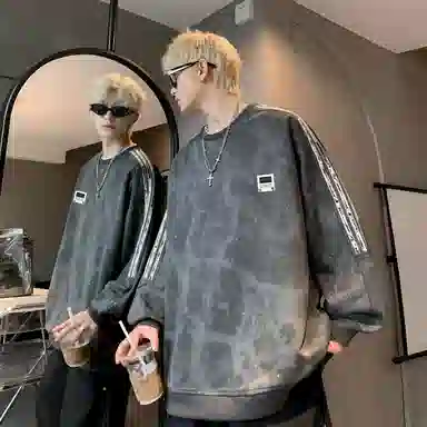 【满天星扎染满印拼接条纹】布客行 早秋开学穿搭可拆卸胸针潮牌复古美式高街国潮港风圆领落肩袖宽松舒适休闲多元素融合卫衣 男女同款