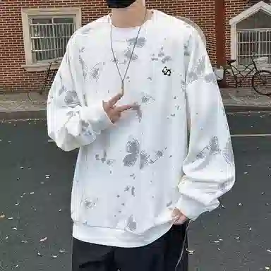 【蝴蝶满印】布客行 圆领长袖卡通美式复古简约大码宽松外套高街舒适柔软亲肤通用可外穿学院风卫衣 男女同款