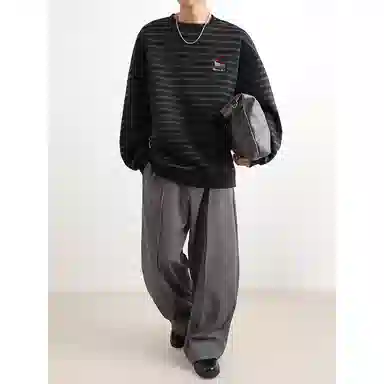 【腊肠小狗刺绣打底衫牛仔裤一套】布客行 美式潮牌圆领长袖条纹百搭港风卫衣抽绳水洗复古做旧阔腿通勤长裤休闲运动套装 男女同款