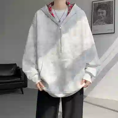 【重磅扎染脏脏衣裤子一套】布客行 美式潮牌连帽拼色拉链半开领大码长袖外套抽阔腿渐变色百搭牛仔长裤卫衣套装 男女同款