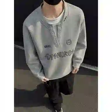 【重磅假两件】布客行 美式复古高街亨利领拼接潮流徽章字母可拆卸别针休闲运动舒适百搭学院嘻哈雅痞亲肤华棉早秋长袖卫衣 男女同款