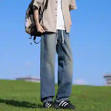 【扎染翻领脏脏开衫裤子一套】布客行 纯色晕染点缀大码百搭长袖外套抽绳松紧腰口水洗做旧阔腿牛仔通勤长裤衬衫套装 男女同款