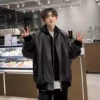 【假两件PU皮外套】布客行 美式高街连帽纹理皮衣宽松舒适嘻哈街头休闲百搭机能风户外长袖拼接层次感飞行员机车风夹克 男女同款