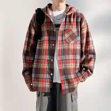 【免搭配一套】布客行 连帽开衫格子学院风高街单排扣休闲宽松衬衣外套美式复古直筒抽绳松紧腰微喇基础款柔软牛仔裤衬衫套装 男女同款