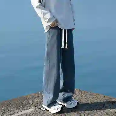 布客行 垂顺阔腿显瘦美式高街纯色直筒长裤子港风复古基础款宽松抽绳松紧腰口水洗通勤通用宽松大码牛仔裤 男女同款
