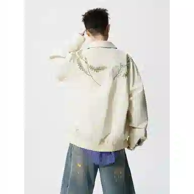 【万针刺绣立体花卉两面穿夹克牛仔裤一套】布客行 翻领拉链美式潮牌长袖外套抽绳港风宽松阔腿水洗做旧长裤休闲运动套装 男女同款