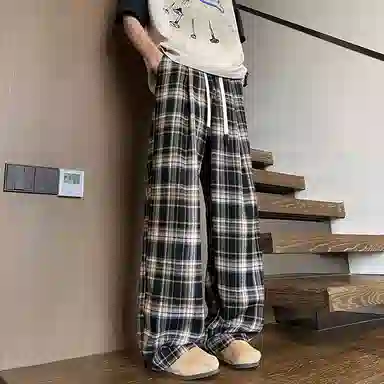 【抽绳格子回潮可穿230斤】布客行 美式复古港风嘻哈高街运动时尚百搭日常出街垂感慵懒宽松舒适华棉直筒青少年长裤休闲裤 男女同款