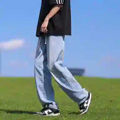 【腊肠小狗刺绣打底衫牛仔裤一套】布客行 美式潮牌圆领长袖条纹百搭港风卫衣抽绳水洗复古做旧阔腿通勤长裤休闲运动套装 男女同款