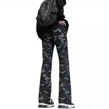 【万针刺绣立体浮雕系列】布客行 工装迷彩拼接微喇显高显瘦重工美式复古直筒花卉高街百搭松紧腰抽绳长裤运动户外休闲牛仔裤 男女同款