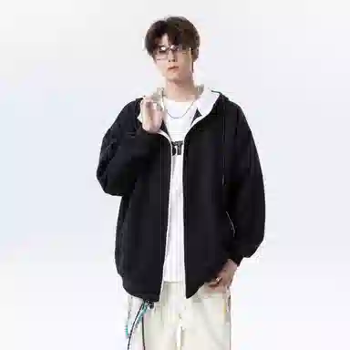 【拼色连帽开衫牛仔裤一套】布客行 撞色拉链高街休闲风大码宽松落肩保暖运动外套抽绳松紧腰水洗做旧港风简约百搭长裤卫衣套装 男女同款