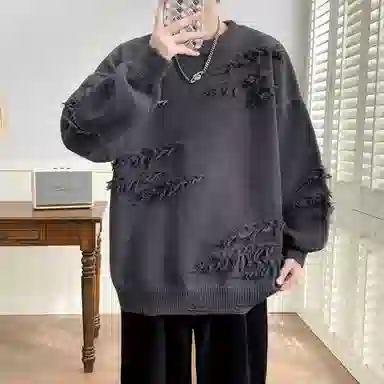 【软糯慵懒风不规则线条毛衣】布客行 美式复古高级感舒适加绒加厚保暖圆领可内搭可外穿宽松休闲学院风少年百搭潮流弹力针织衫 男女同款