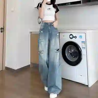 布客行 美式破洞遮肉显高显瘦复古直筒阔腿宽松舒适休闲百搭蓝色拖地垂感弯刀微喇长裤子水洗做旧设计感猫须高街柔软舒适牛仔裤 男女同款