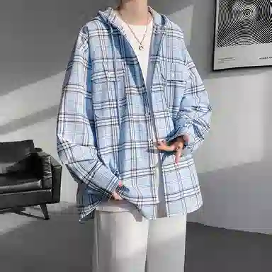 布客行 免搭配一套港风连帽开衫条纹格子高街休闲宽松衬衣外套美式复古直筒抽绳松紧腰微喇基础款柔软牛仔裤衬衫套装 男女同款