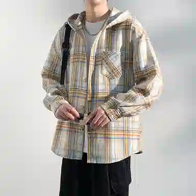 【免搭配一套】布客行 连帽开衫格子学院风高街单排扣休闲宽松衬衣外套美式复古直筒抽绳松紧腰微喇基础款柔软牛仔裤衬衫套装 男女同款