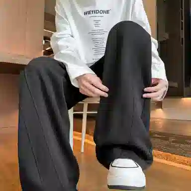 【明线拼接设计大码垂感卫裤】布客行  美式复古高街港风简约纯色基础款宽松直筒弯刀松紧系带显瘦保暖通勤百搭长裤阔腿休闲裤 男女同款