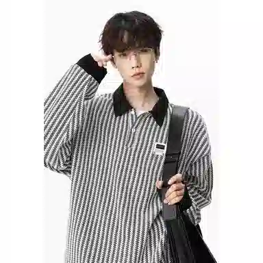 【明线撞色条纹早秋长袖】布客行 可拆卸别针美式复古高街轻奢老钱港风重磅慵懒垂感翻领落肩拼接宽松休闲舒适内搭外穿华棉卫衣 男女同款