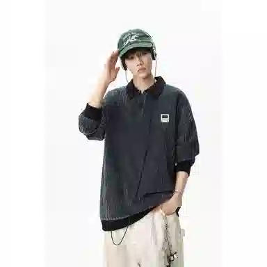 【明线撞色条纹早秋长袖】布客行 可拆卸别针美式复古高街轻奢老钱港风重磅慵懒垂感翻领落肩拼接宽松休闲舒适内搭外穿华棉卫衣 男女同款