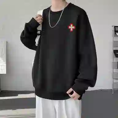 【提花压印大码200斤可穿】布客行 慵懒风纯色圆领套头落肩长袖上衣港风宽松休闲百搭基础款可拆卸刺绣胸标春秋美式复古卫衣 男女同款
