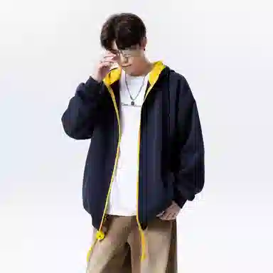 【拼色连帽开衫牛仔裤一套】布客行 撞色拉链高街休闲风大码宽松落肩保暖运动外套抽绳松紧腰水洗做旧港风简约百搭长裤卫衣套装 男女同款