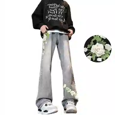 【万针刺绣3D立体浮雕】布客行  重工美式复古水洗基础款直筒高街舒适亲肤透气休闲百搭微喇纯色长裤显高显瘦显腿长弹力牛仔裤 男女同款