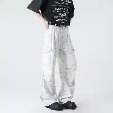 【纯棉小个子显高显瘦】布客行 扎染多口袋工装纯色户外休闲长裤子学院宽松大码直筒阔腿美式复古高街百搭弹力柔软显腿长牛仔裤 男女同款