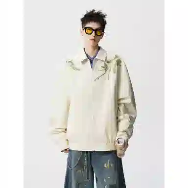 【万针刺绣立体花卉两面穿夹克牛仔裤一套】布客行 翻领拉链美式潮牌长袖外套抽绳港风宽松阔腿水洗做旧长裤休闲运动套装 男女同款