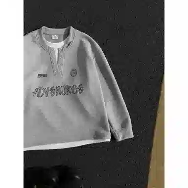 【重磅假两件】布客行 美式复古高街亨利领拼接潮流徽章字母可拆卸别针休闲运动舒适百搭学院嘻哈雅痞亲肤华棉早秋长袖卫衣 男女同款