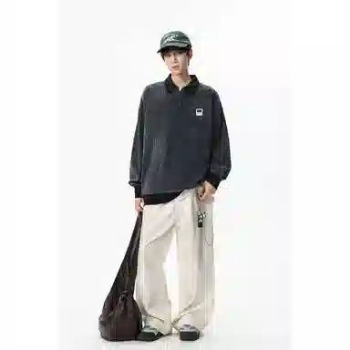 【明线撞色条纹早秋长袖】布客行 可拆卸别针美式复古高街轻奢老钱港风重磅慵懒垂感翻领落肩拼接宽松休闲舒适内搭外穿华棉卫衣 男女同款